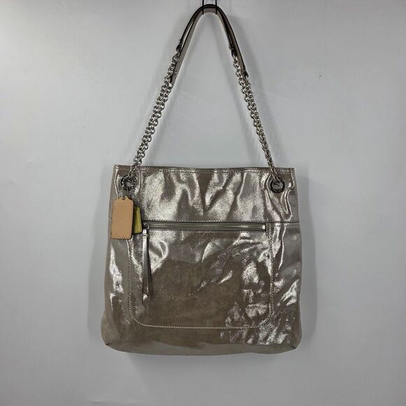 Coach Poppy Silver Slim Leather Shoulder Crossbody Chain Strap Bag #21199 - Picture 1 of 7